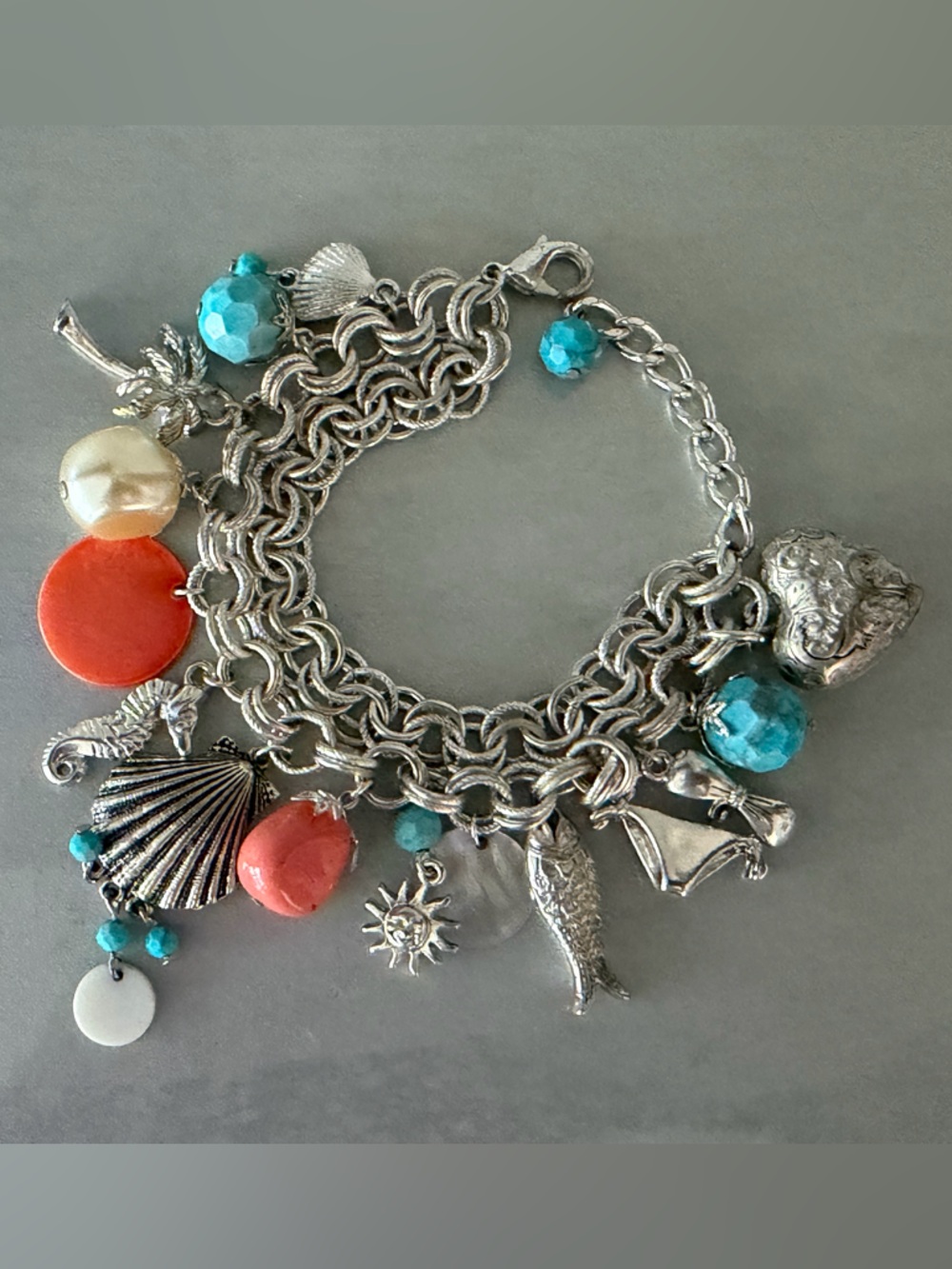 Silvertone Charm Bracelet, Double Chain Beach/Nautical, Turquoise/Coral, Adjust